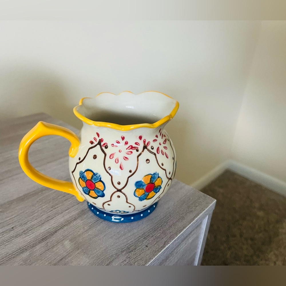 Coastline Imports DUTCH WAX Floral Handpainted Ceramic Handle Beverage Pitcher